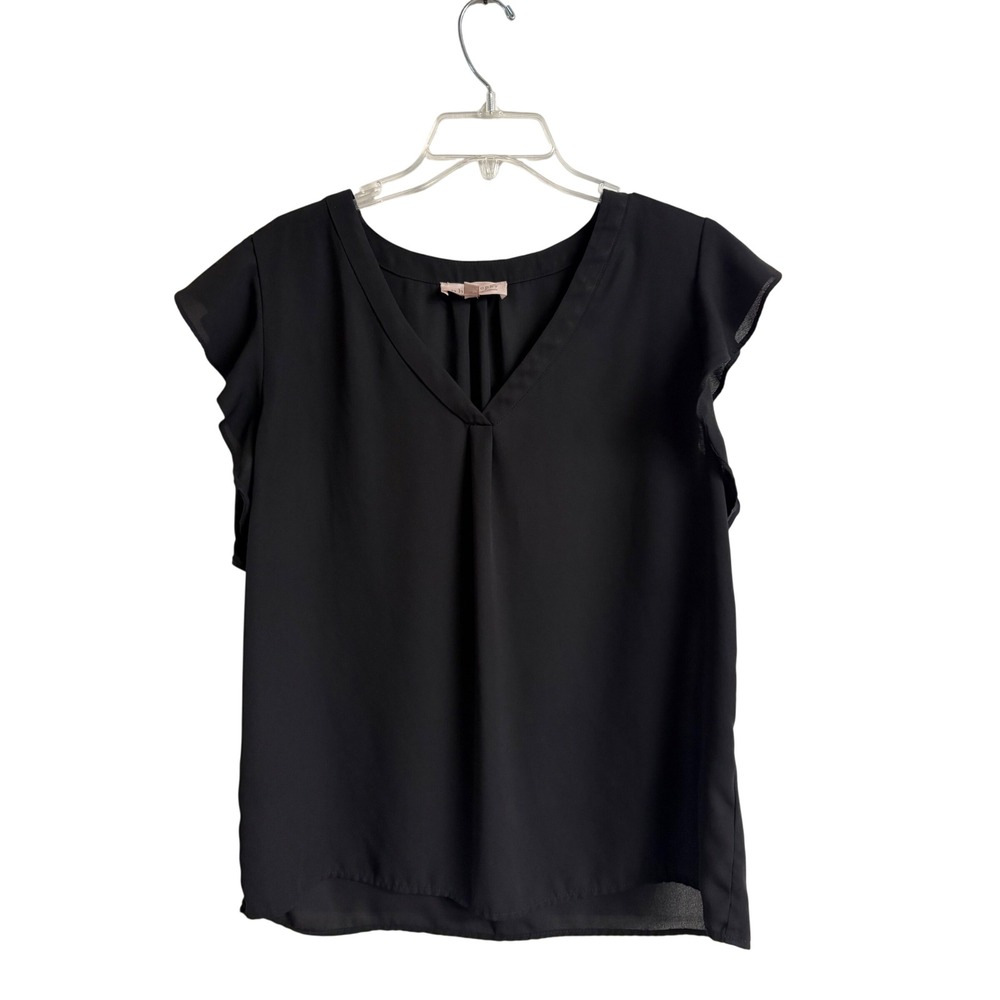 Philosophy Republic Clothing Womens Black Ruffle Cap Sleeve V-Neck Blouse Large